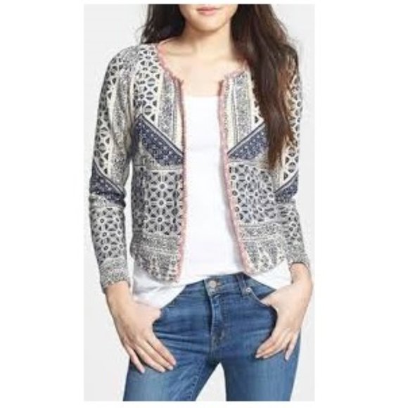 Lucky Lotus by Lucky Brand Open Front Cardigan Womens Sz Large Cream Blue Aztec - Picture 14 of 14
